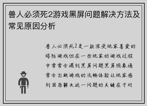 兽人必须死2游戏黑屏问题解决方法及常见原因分析