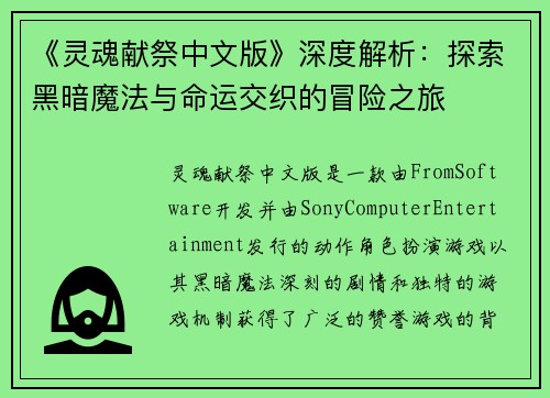 《灵魂献祭中文版》深度解析：探索黑暗魔法与命运交织的冒险之旅