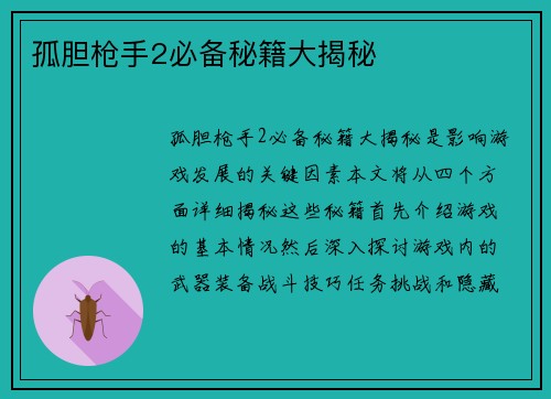 孤胆枪手2必备秘籍大揭秘